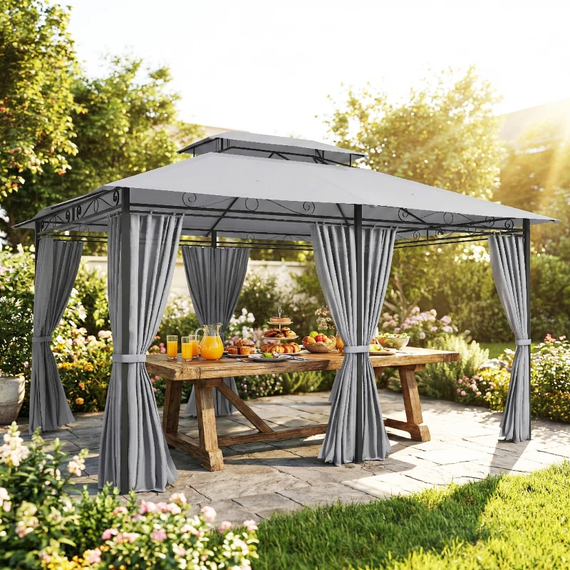 Outsunny Gartenpavillon, Outdoor Pavillon mit Vorhängen, belüftetem Dach, Dunkelgrau