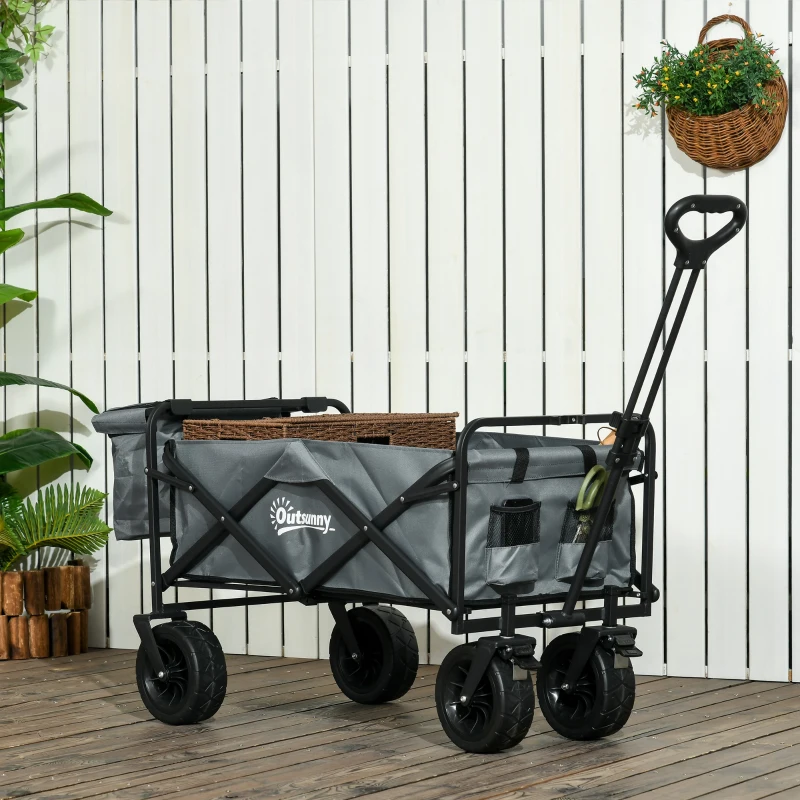Outsunny Bollerwagen mit Kühltasche, klappbar, Stahlrahmen, bis 100 kg, 113x57x77-100 cm, Dunkelgrau