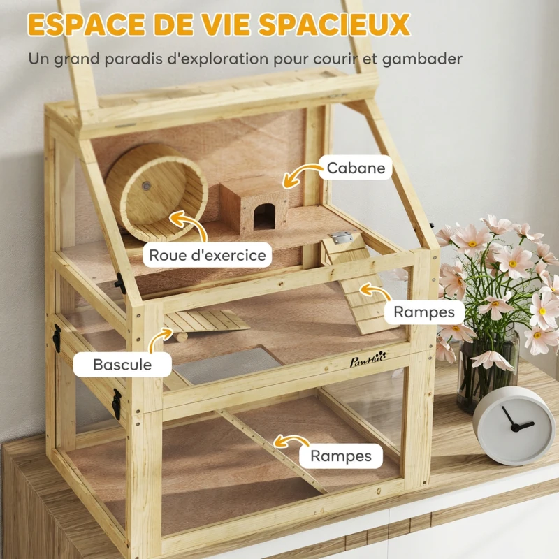 PawHut Cage Hamster Rongeur à 3 Niveaux, Fond Amovible, Cabane, Balançoire, 60x40x75cm, Finition Bois Naturel