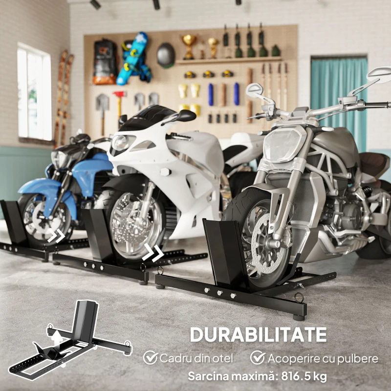 HOMCOM Suport Blocare Roată pentru Motocicletă, Suport Reglabil pe 14 Niveluri pentru Roți Ø34-84 cm, Negru