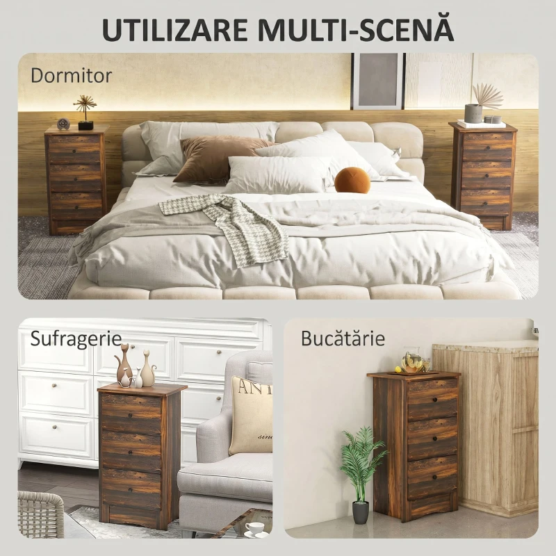 HOMCOM Noptieră cu 3 sertare în stil rustic din lemn, 40x30x74 cm, maro