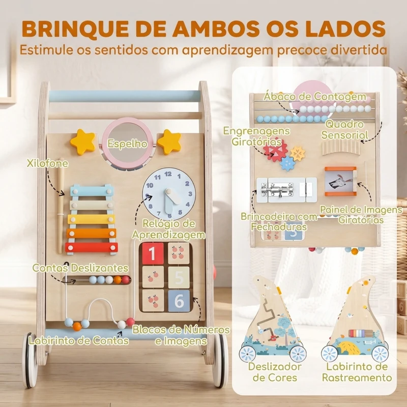 AIYAPLAY Andarilho de Madeira para Bebé 3 em 1 com Brinquedos Montessori, Painel Amovível de Dupla Face, Arrumação e Rodas, 1-3 Anos, Natural