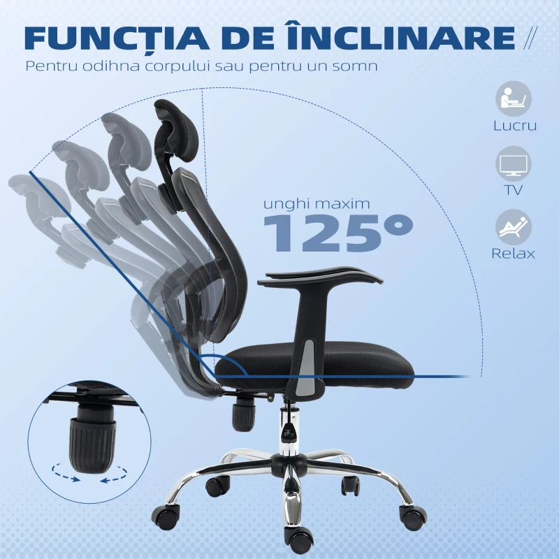 Scaun de birou ergonomic Vinsetto cu șezut reglabil și tetieră, din poliester și oțel, 63x62x106-114 cm, Negru