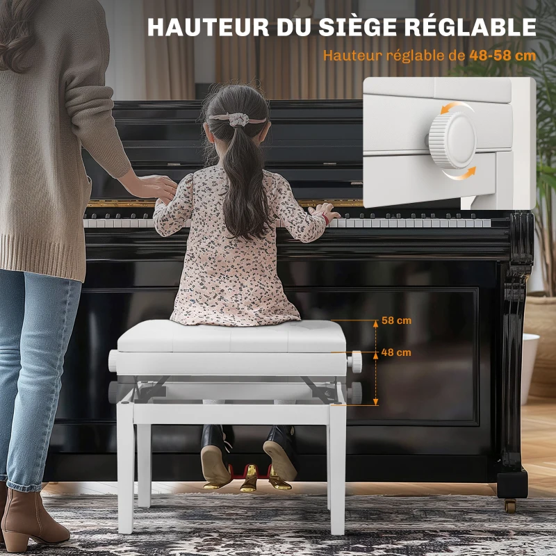 HOMCOM Banc de piano, banc de clavier réglable en hauteur en bois massif, compartiment de rangement, 55 x 33 x 48-58 cm blanc