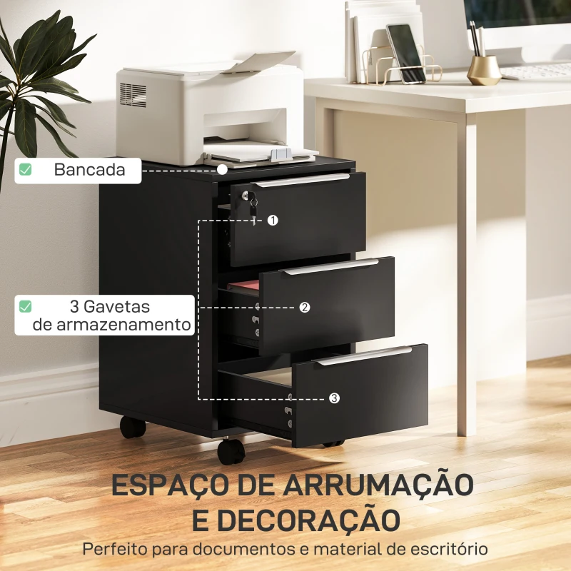 HOMCOM Arquivador de Escritório com 3 Gavetas Rodas Fecho e 2 Chaves Arquivador Móvel 40x40x63,5 cm Preto