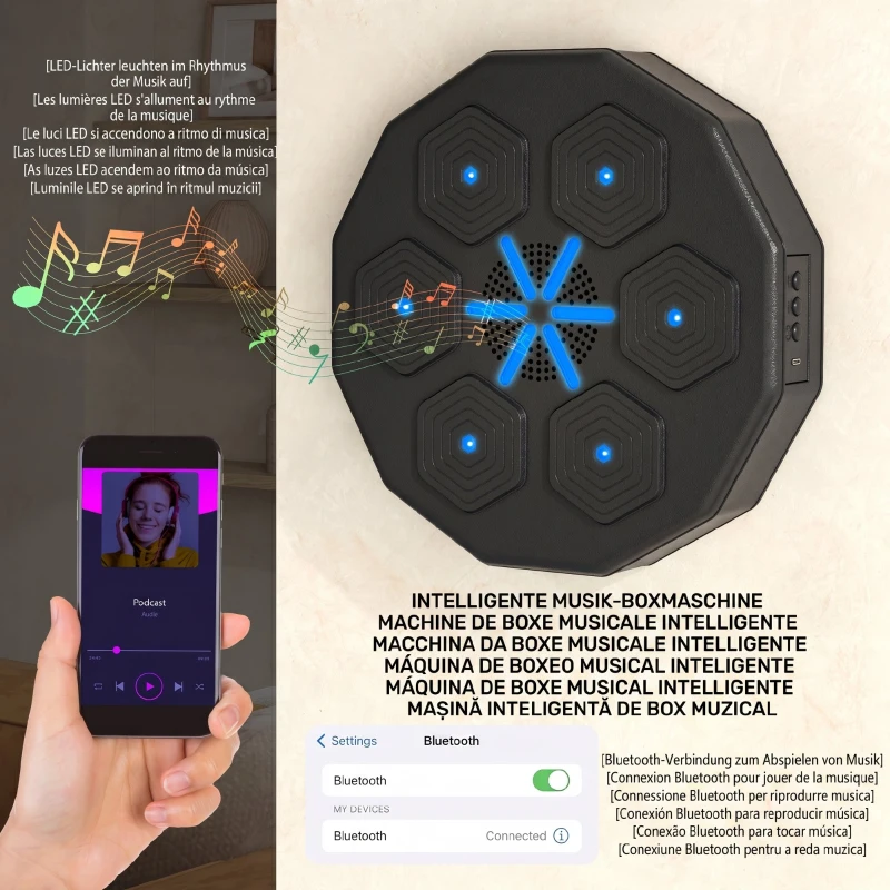 SPORTNOW Mașină de box muzicală montată pe perete, cu conexiune Bluetooth și lumini albastre, 40x40 cm, negru