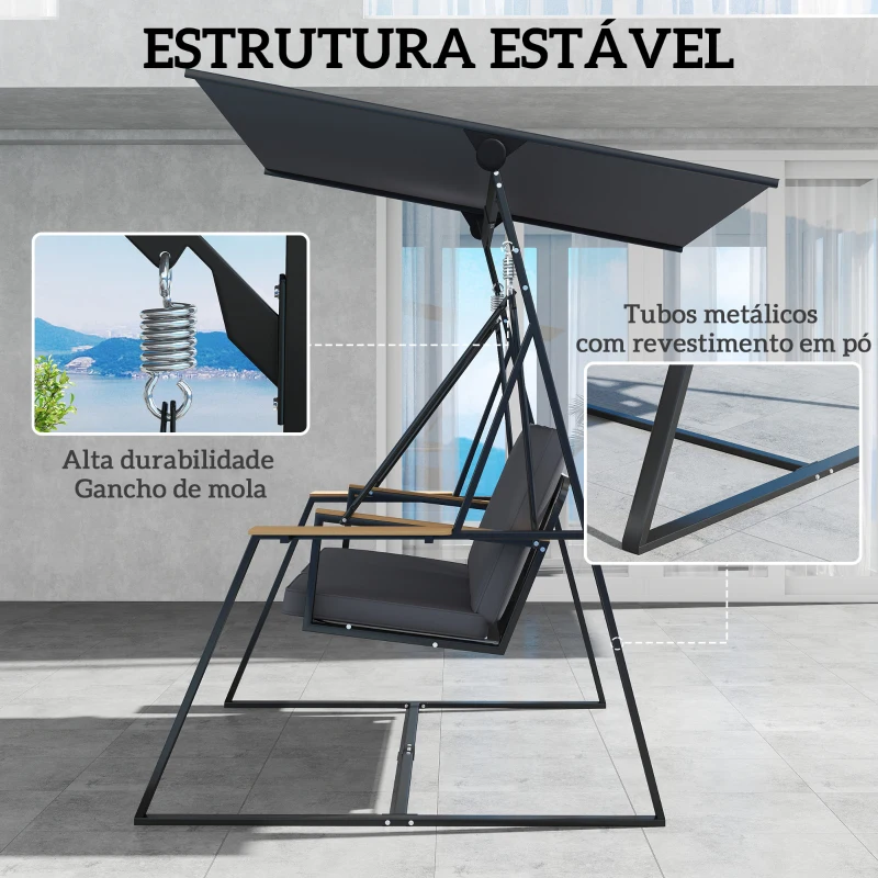 Outsunny Baloiço de Jardim de 3 Lugares com Teto Ajustável UPF50+ 2 Bandejas Almofadas e Estrutura em Metal 222x131x175 cm Cinza