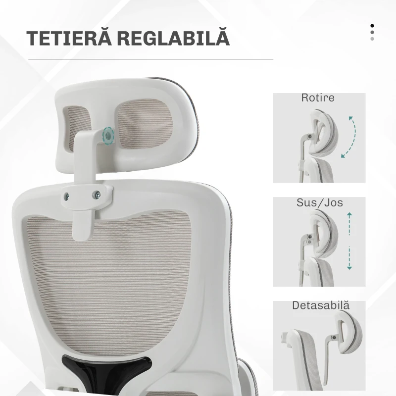 Vinsetto Scaun de Birou Ergonomic cu Înălțime Reglabilă și Tetieră, 60x59x114-122 cm, Gri