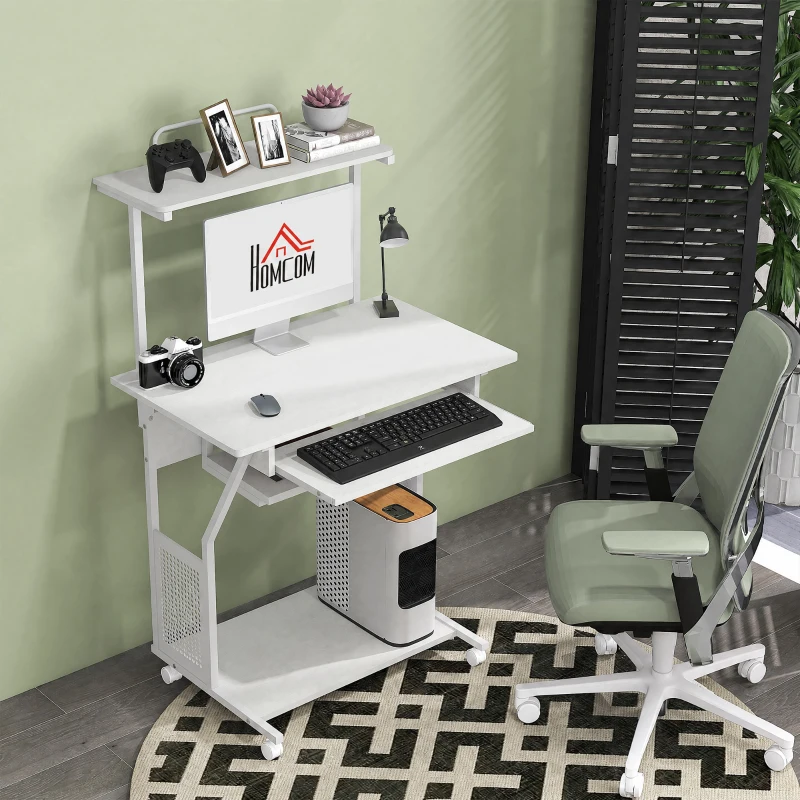 HOMCOM Secretária para Computador com Rodas, Bandeja para Teclado, Suporte para CPU e Prateleiras 80x50x130 cm Branco