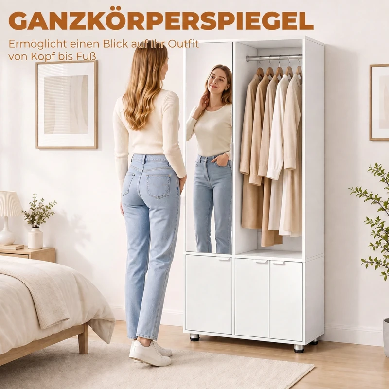 HOMCOM Szafa z lustrem, wąska nowoczesna szafa garderobiana z drążkiem na ubrania i półkami, Biały