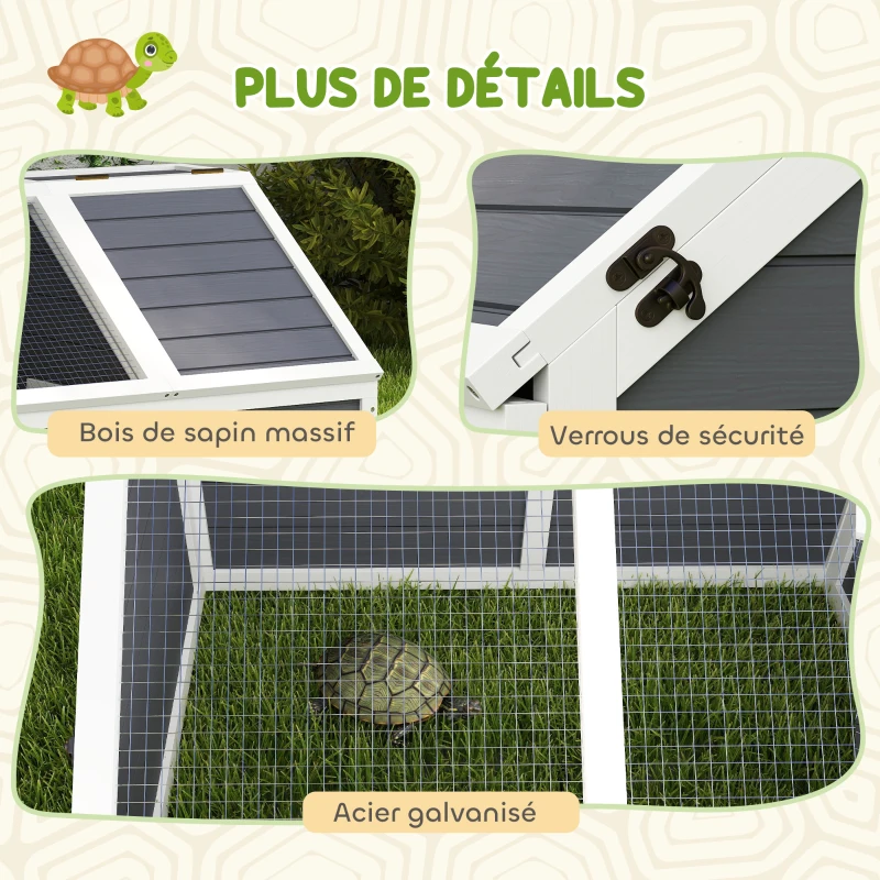 PawHut Maison enclos cage pour petit animal tortue en bois avec couvercle ouvrable, loquets, 2 espaces distincts, gris