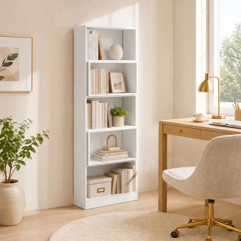 HOMCOM Estante Expansível 5 Níveis Estante para Livros Giratória 350° Largura Ajustável Convertível em L Reta ou Compacta 111,5x23,8x163,7 cm Branco