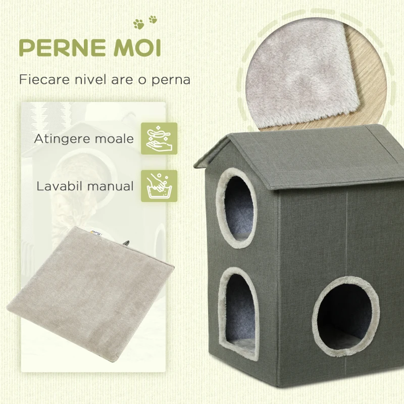 Pawhut Ansamblu de joaca pentru pisici cu strat dublu, pat pentru pisici de tip cabina cu perne moi care pot fi spalate, centru de activitati cu spatii multiple pentru pisici, gri