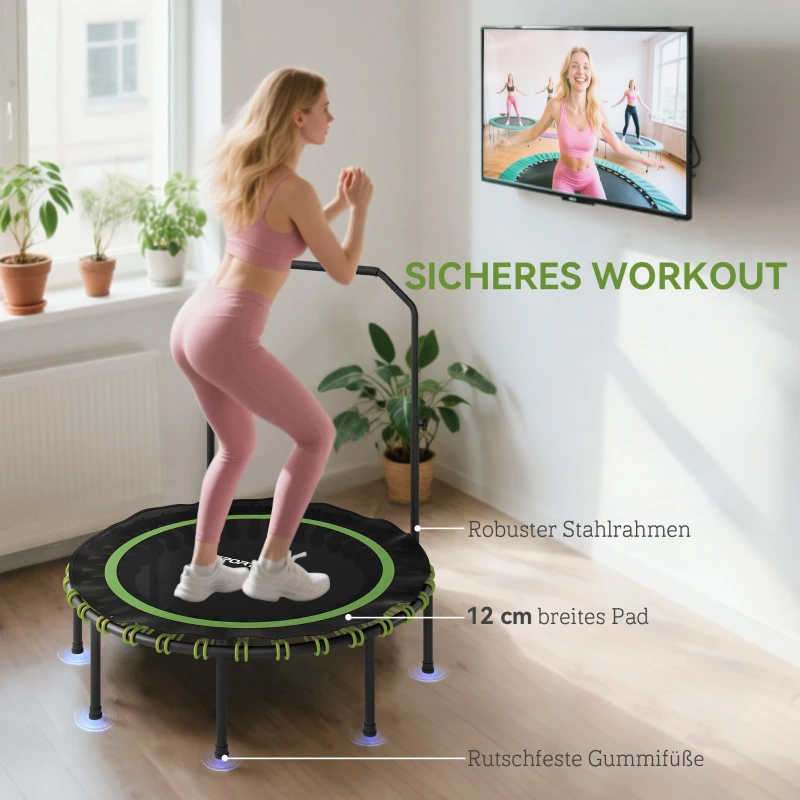 SPORTNOW Fitness-Trampolin mit verstellbarem Handlauf, Sport-Trampolin für drinnen und draußen, Stahl, Kunststoff, Grün
