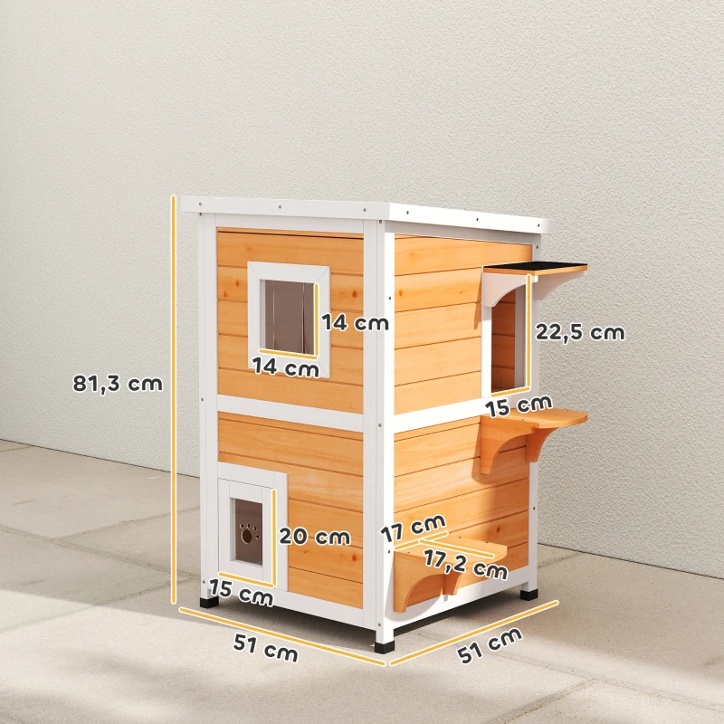 PawHut Casa para Gatos Exterior em Madeira 2 Níveis com Telhado Basculante Painel Central Removível  51x51x81,3 cm Madeira