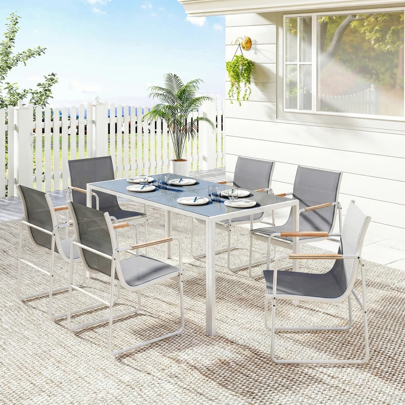 Outsunny Conjunto de Mesa e Cadeiras de Jardim de 7 Peças com Mesa de Vidro Temperado 6 Cadeiras e Estrutura em Aço Branco e Cinza