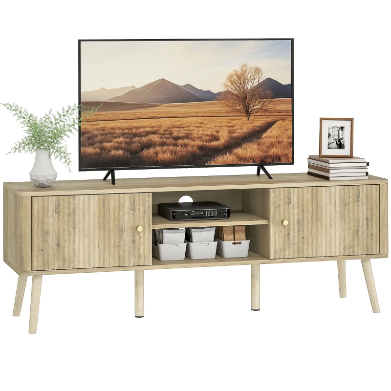 HOMCOM Meuble TV, meuble télé jusqu'à 65 pouces avec 2 portes, 2 compartiments ouverts, étagère réglable, 140x35x49cm, chêne