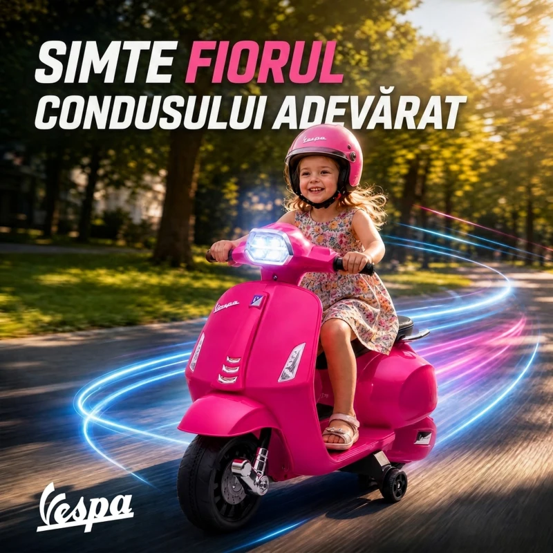 AIYAPLAY Scuter Electric pentru Copii cu Licență Vespa, Baterie Reîncărcabilă 6V, Roți Ajutătoare, 2-4 Ani, Roz