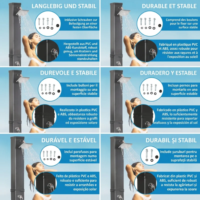 Duș Solar Outsunny de Grădină 40L și Temperatură 60°C, Cap Rotativ și Robinet pentru Picioare, Negru