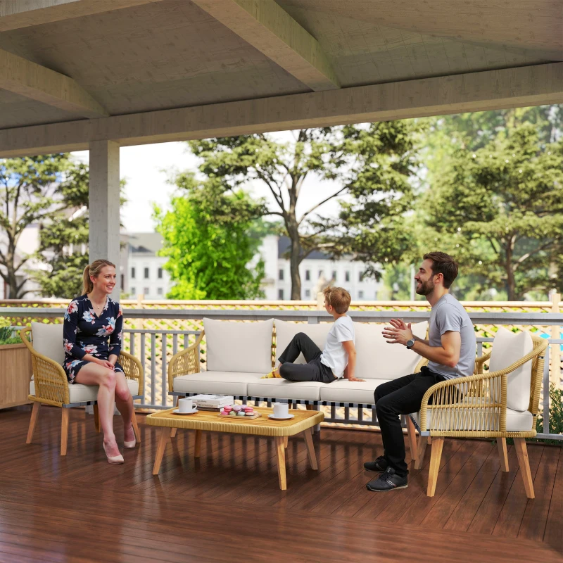 Outsunny Conjunto de Jardim em Vime com Almofadas Móveis de Exterior com 2 Poltronas Sofá de 3 Lugares Mesa Creme e Madeira
