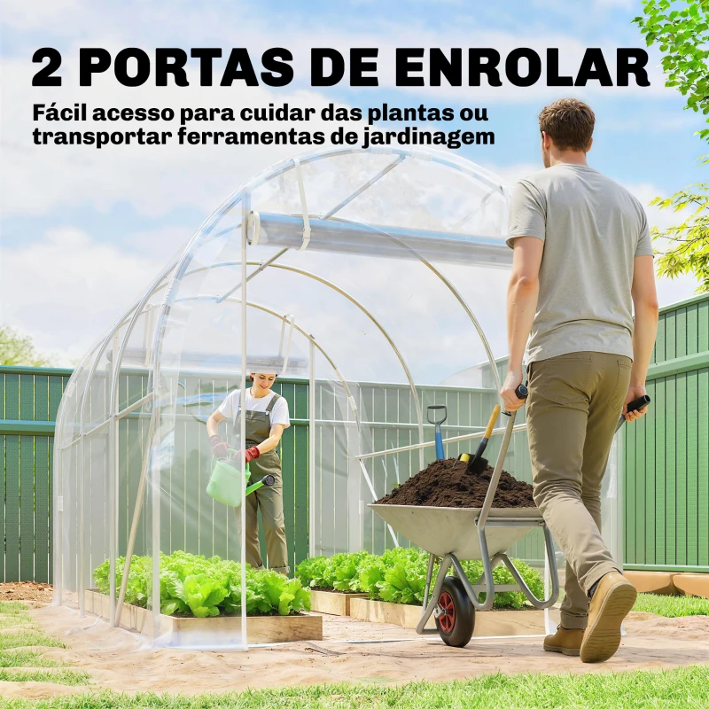 Outsunny Estufa tipo Túnel 195x295x195 cm com 2 Portas Enroláveis Estrutura de Aço Galvanizado e Cobertura em PE 150g/m² Transparente