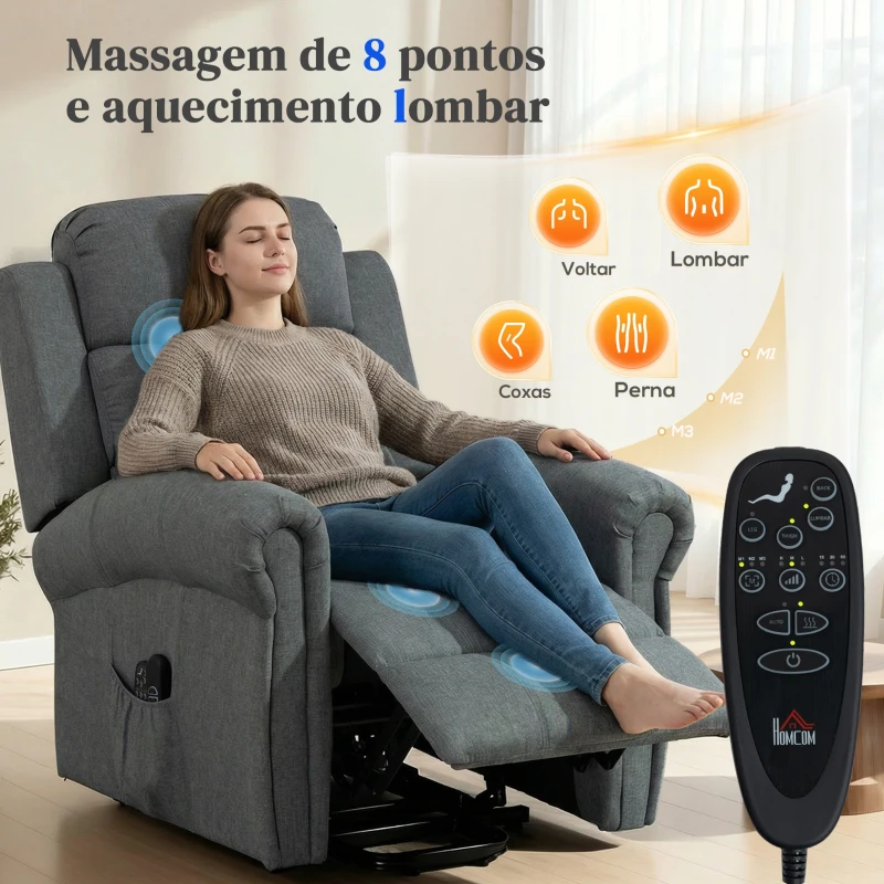 HOMCOM Poltrona Relax Reclinável Elétrica Elevatória com Massagem Vibratória e Calor, Comando à Distância, Cinzento