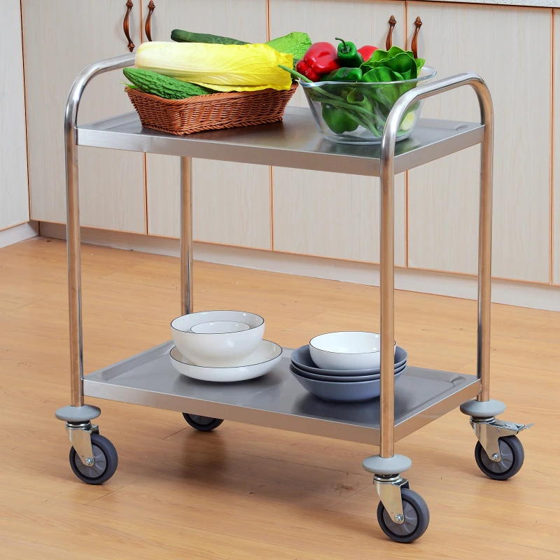 HOMCOM Carrinho Auxiliar com Rodas de Aço Inoxidável Carrinho de Cozinha com 2 Prateleiras e 2 Pegas 70,5x40,5x81 cm Prata