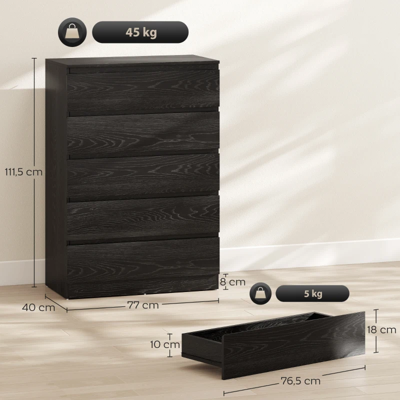 HOMCOM Cómoda 5 Gavetas Cômoda para Quarto Móvel de Arrumação Estilo Moderno 77x40x111,5 cm Preto Veteado