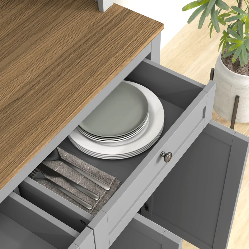 HOMCOM Armário de Cozinha com 3 Portas de Vidro Compartimento Aberto 2 Gavetas e Prateleiras Ajustáveis 100x40x180 cm Cinzento