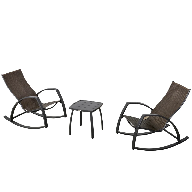 Outsunny Rattan-Schaukelstuhl Bistroset 3 teilige 2 Stühle 1 Tisch Aluminium Komfort UV-Beständig für Gärten Terrassen Pools patio