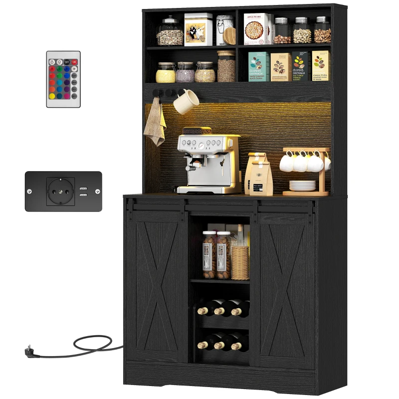 HOMCOM Bufet Înalt de Bucătărie Stil Rustic cu 2 Dulapuri, Suport pentru Sticle, Prize de Încărcare și Lumini LED, Negru