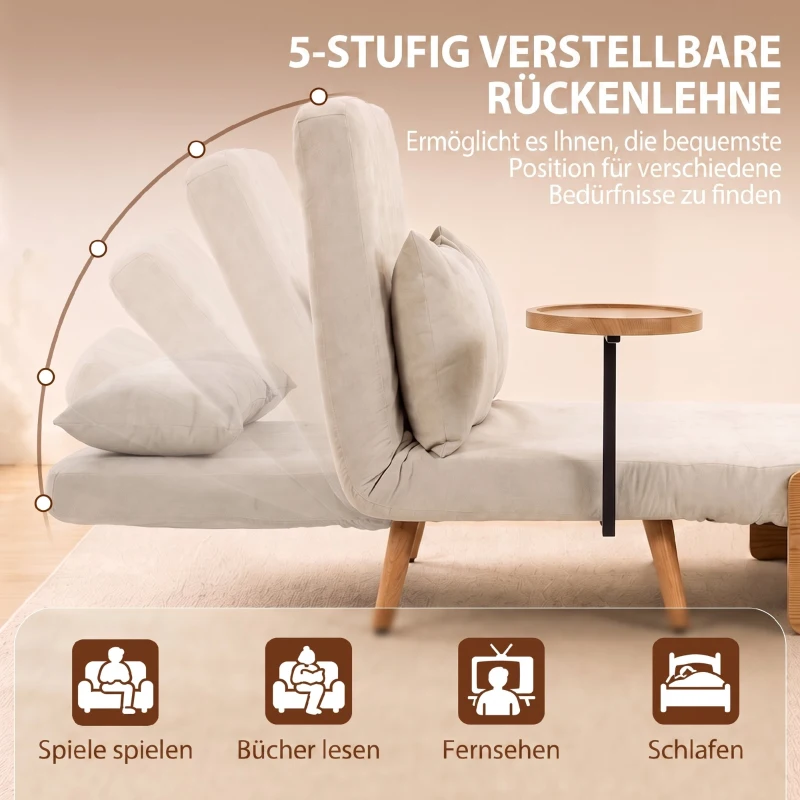 HOMCOM Sofá-Cama 2 Lugares 3 em 1 em Chenille com Encosto Ajustável, Mesa Lateral e 2 Almofadas, Creme