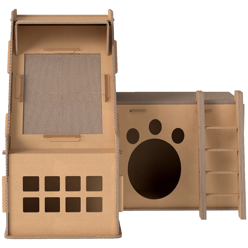 PawHut Arranhador para Gatos em Forma de Castelo 2 em 1 com 2 Áreas para Arranhar Catnip Rampa e Escada  67x66x57 cm Castanho