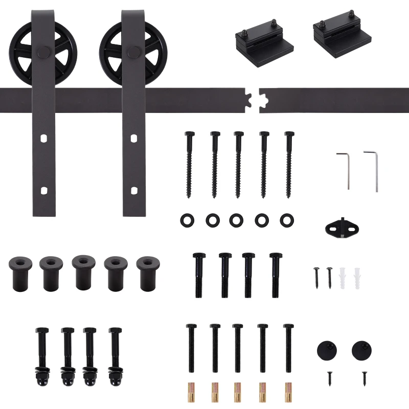 HOMCOM Gleitschienen-Bausatz für Schiebetür, inkl. Schienen, Rollen, Bodenstopper, 183 cm, bis 100 kg belastbar, Dunkelbraun