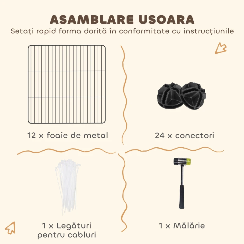 PawHut Țarc modular pentru animale cu 12 panouri de 35x35 cm și margini rotunjite, din metal și ABS, 140x70x35 cm, negru