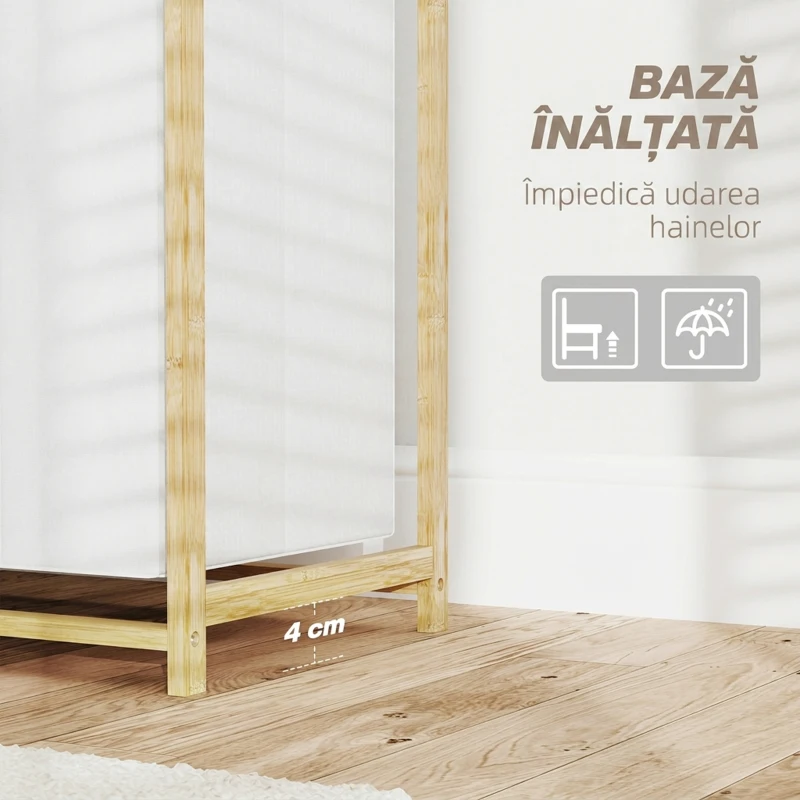 HOMCOM Coș pentru rufe cu 2 saci detașabili, mânere și raft din bambus, 70x36x70 cm, alb