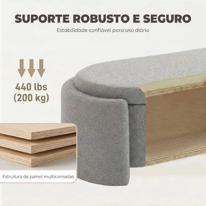 HOMCOM Puff de Armazenamento Banco Ovalado 129x48,5x44 cm Estofado em Tecido Teddy Capacidade 200 kg Cinzento Claro