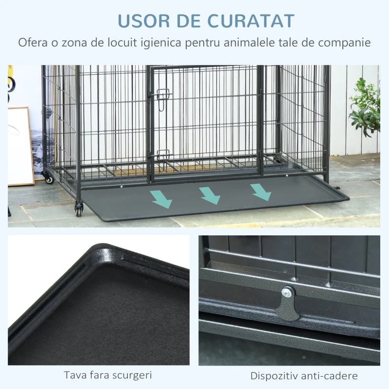 PawHut Tarc pentru caini pliabil, ușă dublă cu blocare 4 roți cu frână și fund detașabil, 109.5x71x78cm, Negru