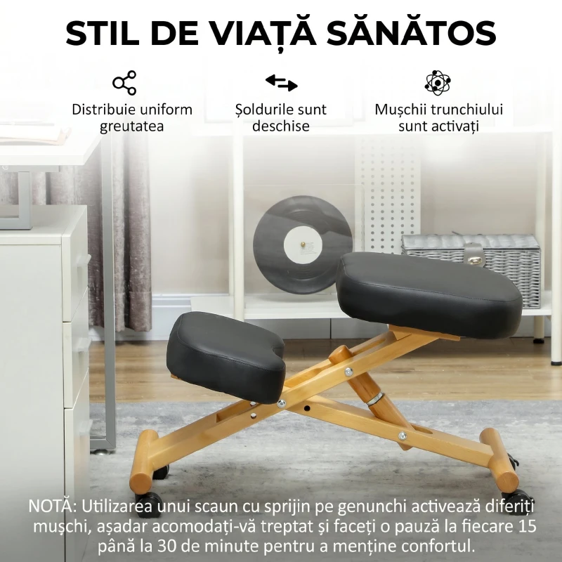 HOMCOM Scaun ergonomic postural cu suport pentru genunchi, cu roți, din lemn, negru