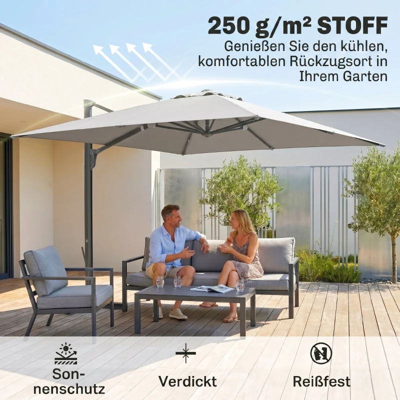 Outsunny Alu Ampelschirm 3 x 3 m 360° drehbar Sonnenschirm mit Kurbel Ständer Windschutz Hellgrau
