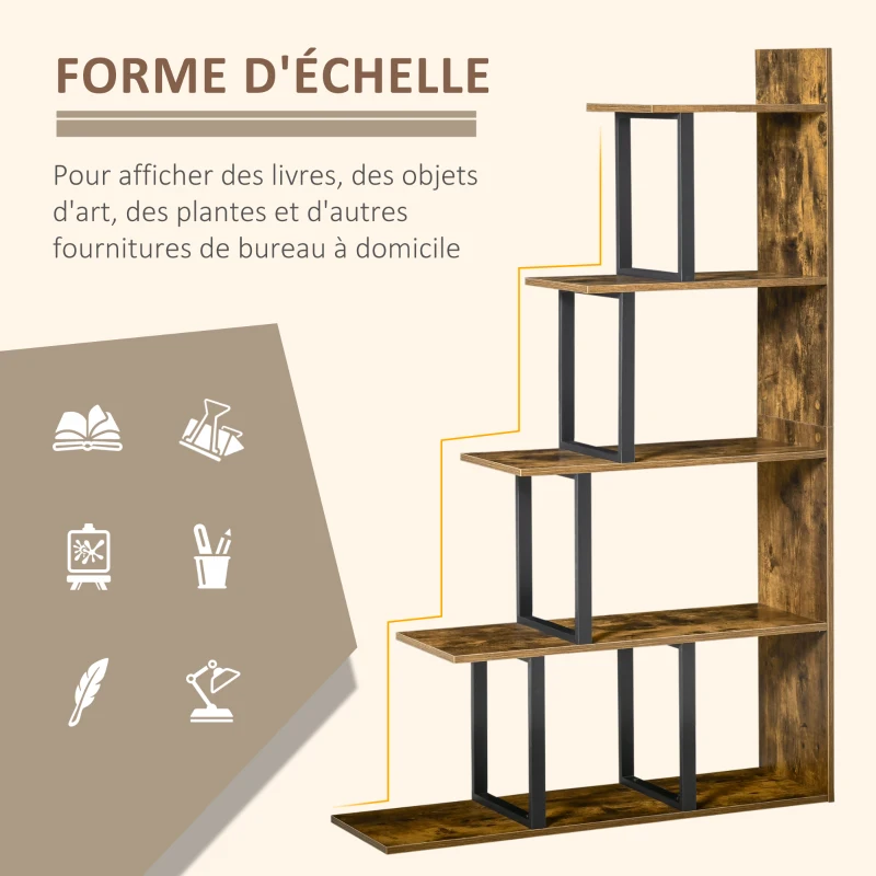 HOMCOM Étagère bibliothèque séparateur de pièce style industriel en escalier 5 étagères 102 x 30 x 160 cm, brun rustique