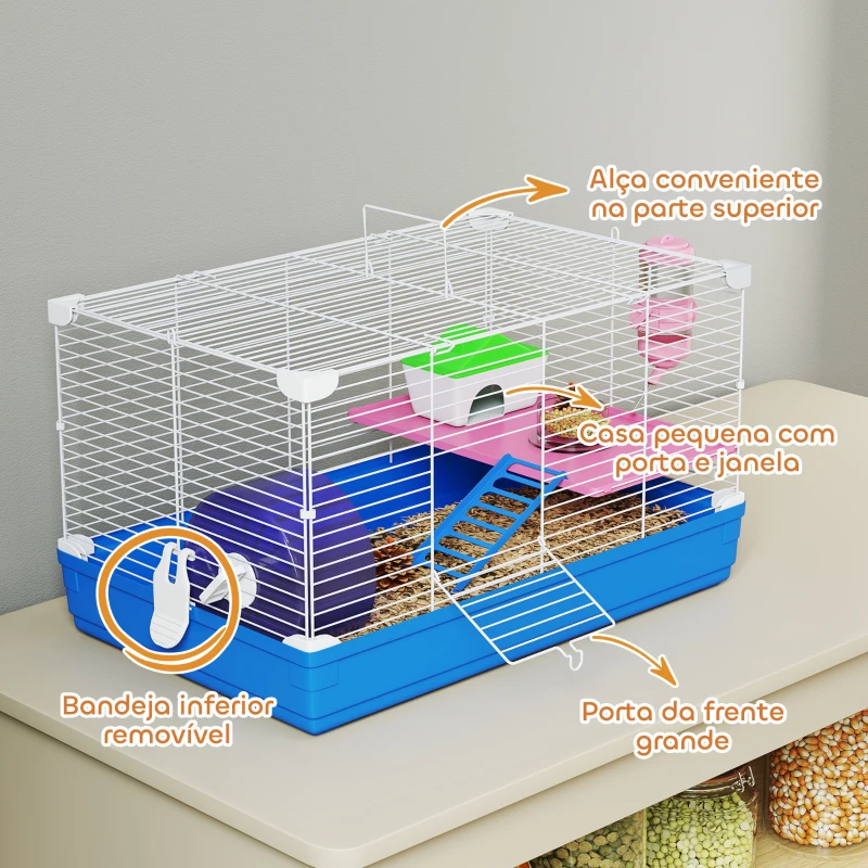 PawHut Gaiola para Hamster Casa para Roedores com Roda de Exercício Tigela Bebedouro Casinha Rampas para Gerbos 47x30x27 cm Azul