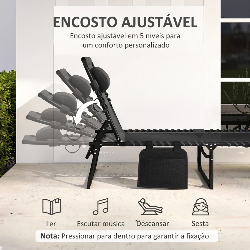 Outsunny Espreguiçadeira Dobrável com Encosto Ajustável Apoio de Cabeça Almofadado e Estrutura em Aço para Exterior 189x58x30 cm Preto