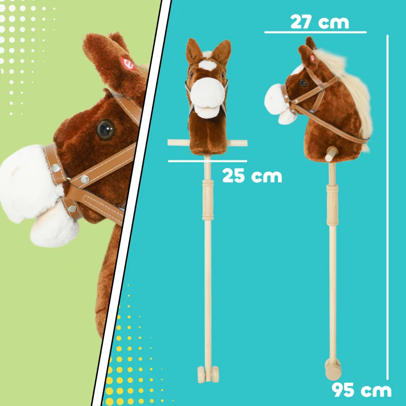 AIYAPLAY Cavalo com Pau de Madeira Sons e Rodas Cavalo de Brinquedo 95x25x27 cm Castanho
