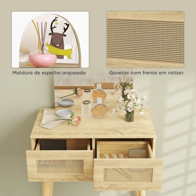 HOMCOM Toucador de Maquilhagem com Espelho Arqueado e 2 Gavetas com Frente em Vime para Espaços Pequenos 70x43,5x130 cm Madeira