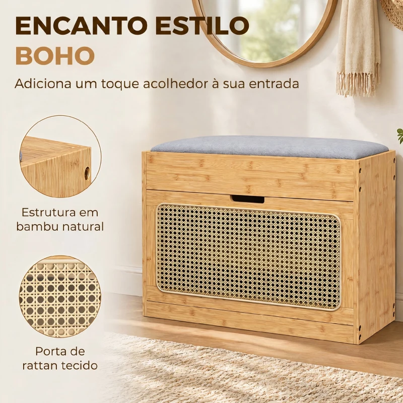 HOMCOM Banco Sapateira de Entrada com Assento Acolchoado Gaveta Basculante Porta de Vime 63x29x48 cm Madeira e Cinzento