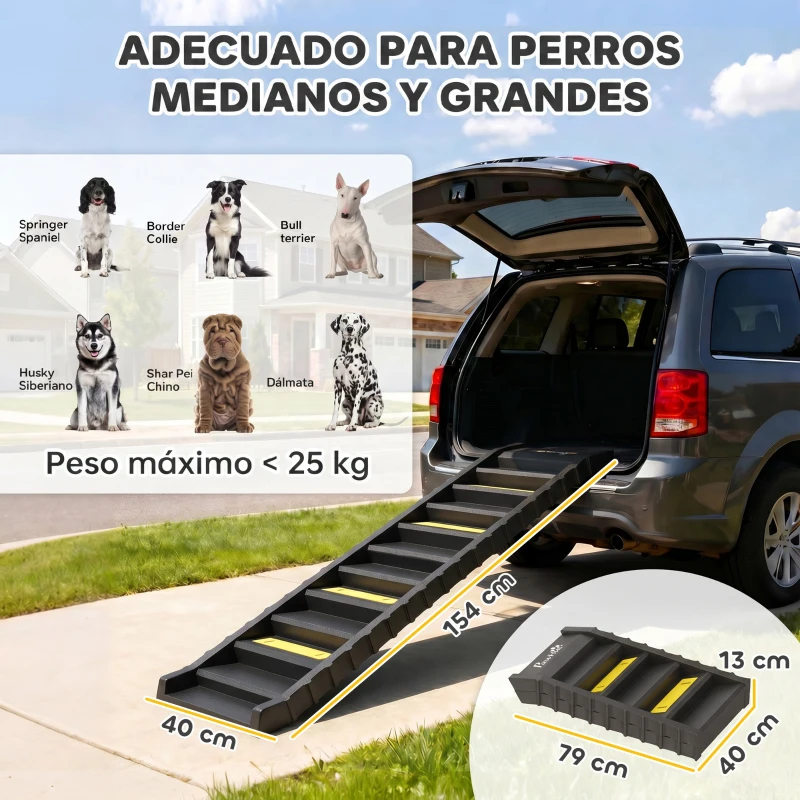 PawHut Rampa para Perros Plegable 154 cm Rampa para Perros para Coche Cama con 10 Escalones Antideslizantes Carga 25 kg Negro