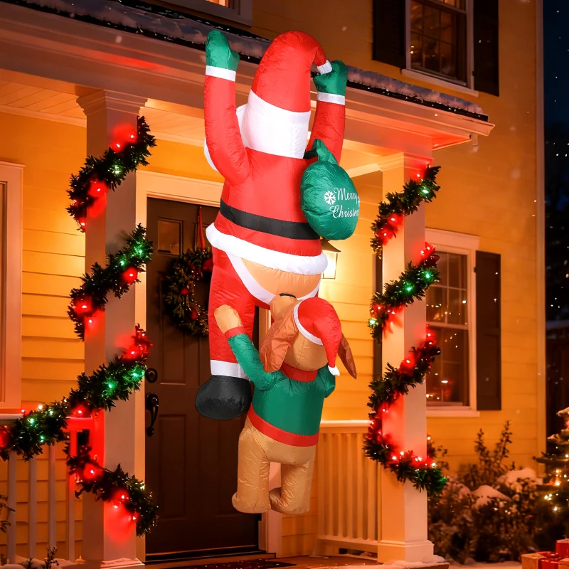 Outsunny Aufblasbare Weihnachtsdeko, Aufblasbarer Weihnachtsmann mit Hund mit LED-Lichtern, 68x82x214 cm, Rot