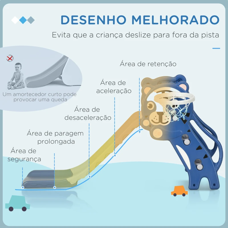 AIYAPLAY Escorrega para Crianças 2 em 1 com 2 Degraus Cesta de Basquetebol e Desenho de Tigre para Interior 133x60x70 cm Azul