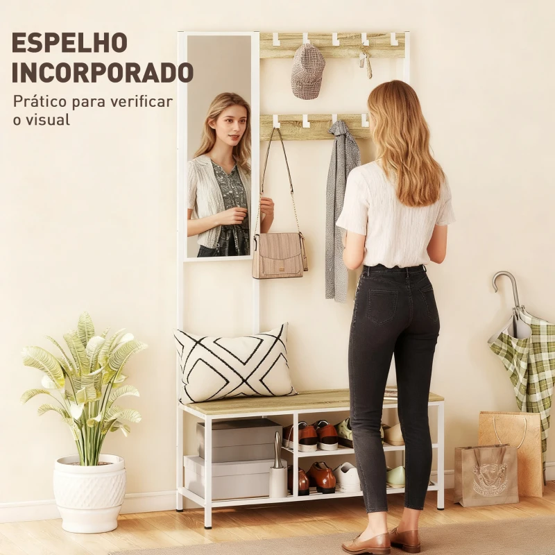 HOMCOM Móvel Cabide de Entrada com Espelho e Sapateira 4 em 1 com 3 Prateleiras Banco 10 Ganchos 98x34x186 cm Madeira